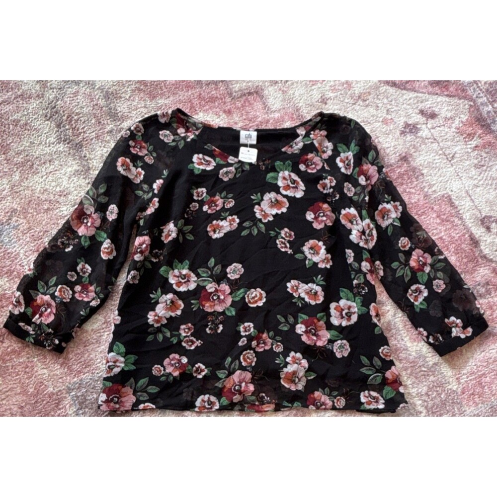 CAbi Women's Black Floral Chiffon Blouse M 3/4 Sleeve